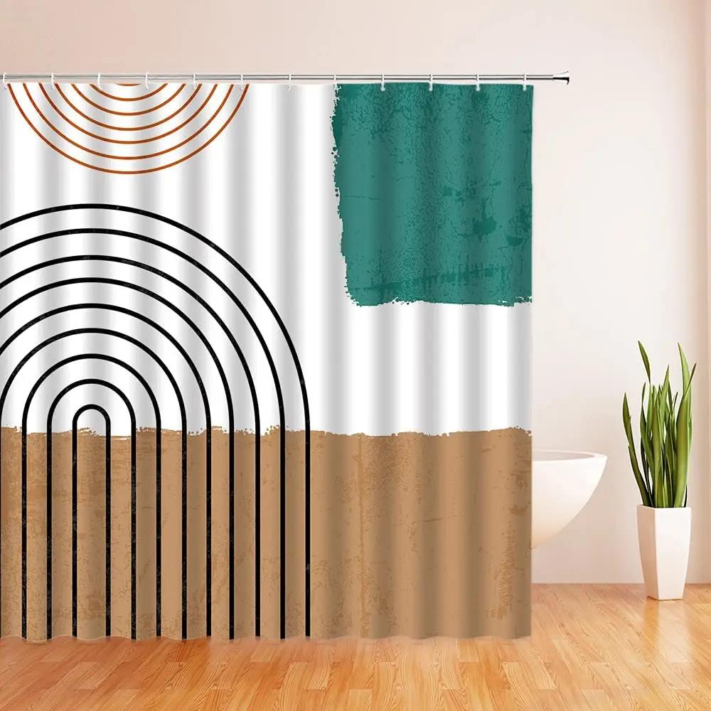 Abstract Art Geometric Shower Curtain Hook Simple Line Color Block Polyester Fabric Modern Bath Curtain for Bathroom Home Decor