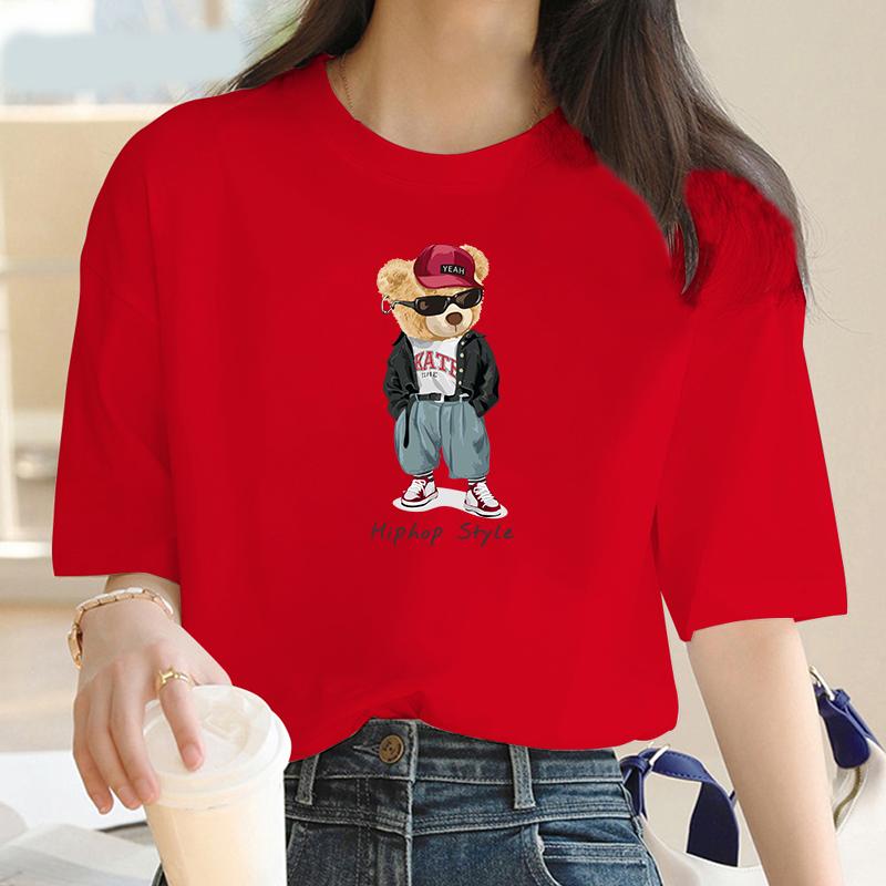 Womens Hip Hop Bear Print T-Shirt Y2K Cartoon Print Clothing Fashion Print T-Shirt Womens T-Shirt