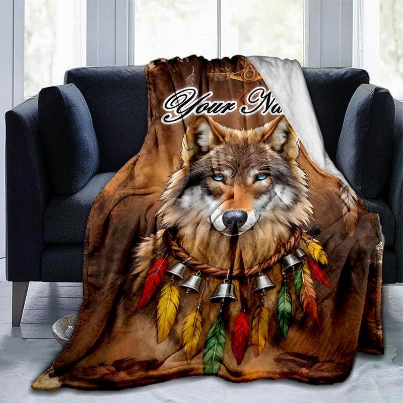 1PC Custom Name Wolf Spirit Dreamcatcher Outdooor Flannel Blankets Throw Blanket All-Season Throw Gift Bedspread for Couch, Bed, Camping Holiday Birth