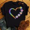 Damen T-Shirt mit Cartoon-Motiv, buntes Herz, Hundepfoten-Print, für den Sommer, T-Shirt für Damen, 90er-Jahre, Mädchen, kurzärmelig, T-Shirt, schwarz
