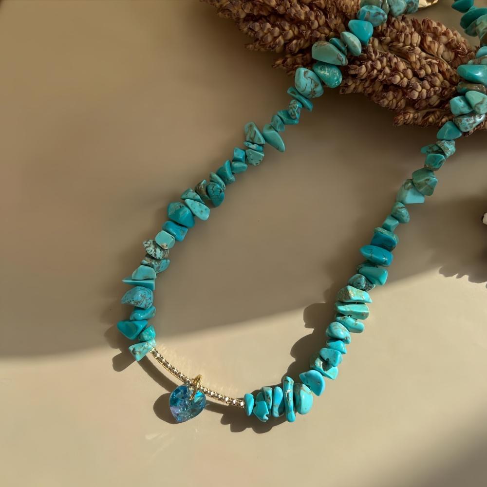 Boho Grind Choker Blauwe Chip Turkoois Roze Natuursteen Chips Kettingen Voor Vrouwen Hart Kristal Hanger Sieraden Cadeau Voor Vrouwen