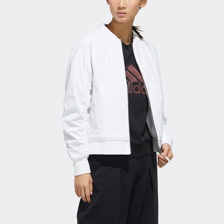 adidas Wrinkled Logo Bomber Jacket Casual Sports Outerwear Women White FU6228
