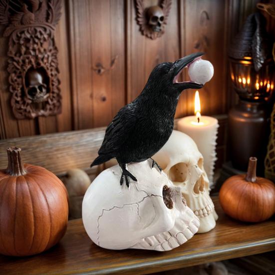 Raven On Skull Halloween Home Decor Gothic Crow On Skull Statue Bird Perching