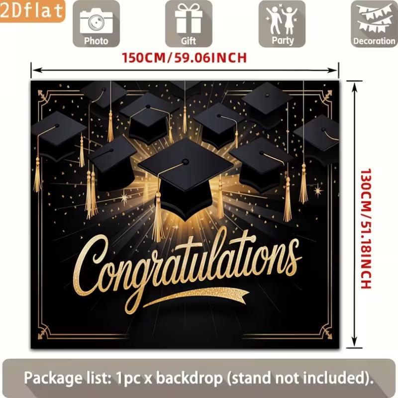 2D Graduation Photography Backdrop Black Background with Gold Caps and Confetti