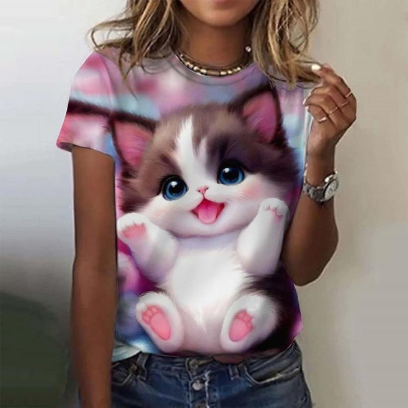 Cute Cat Printed Women's T-Shirt Summer Round Neck Short Sleeved Top Casual Plus Size Clothing Kawaii Animal For Woman T-Shirts