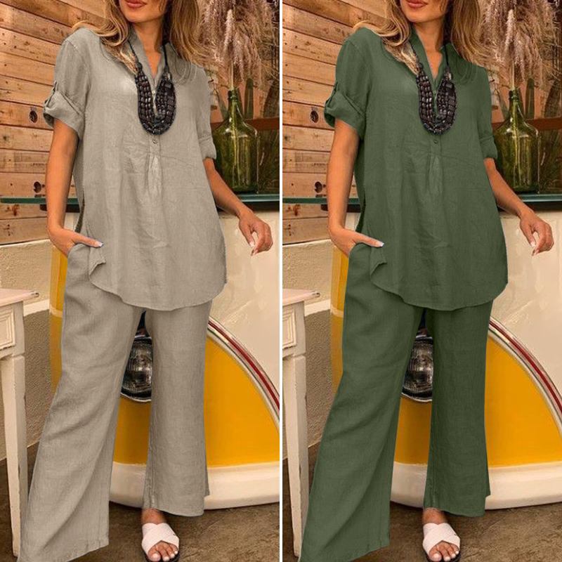 Lässiges Zweiteiler-Set aus kurzärmliger Bluse und Hose für Damen