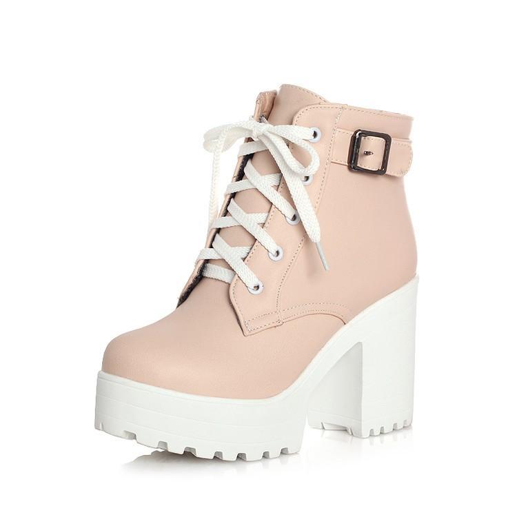 Mode Herbst Stiefel Stiefel Damen Runde Zehe Schnallenschuhe Damen Hoher Absatz Mode Übergröße Quadratische Absätze Schnürung