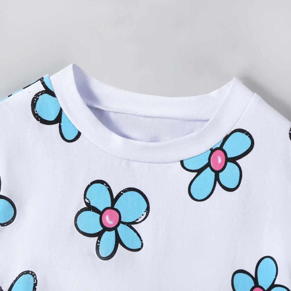 2-7 Years Girls Cotton Blend Tops Toddler Casual Kids T-Shirt Cute Flower Print Summer Children Round Neck Short Sleeves Tees