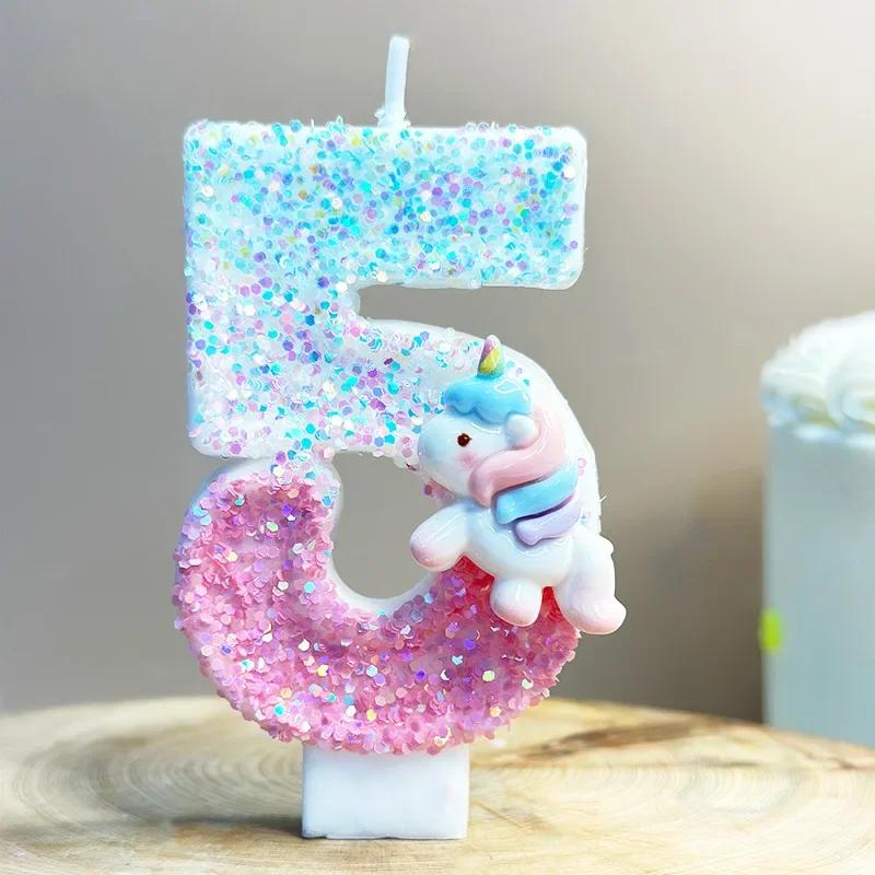 Unicorn Birthday Candles 0-9 Number Pink Blue Cake Candle Fashion Cartoon Anime Topper Party Cute Decoration