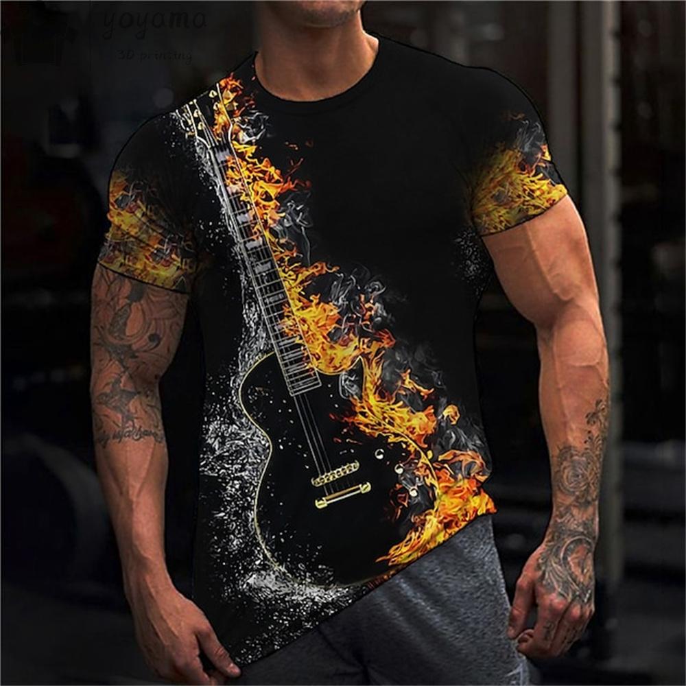 Haina cu imprimeu pentru chitara rock Haine vintage pentru barbati Haine de vara pentru barbati Tricou supradimensionat Tricou cu maneca scurta Tricou cu chitara pentru barbati