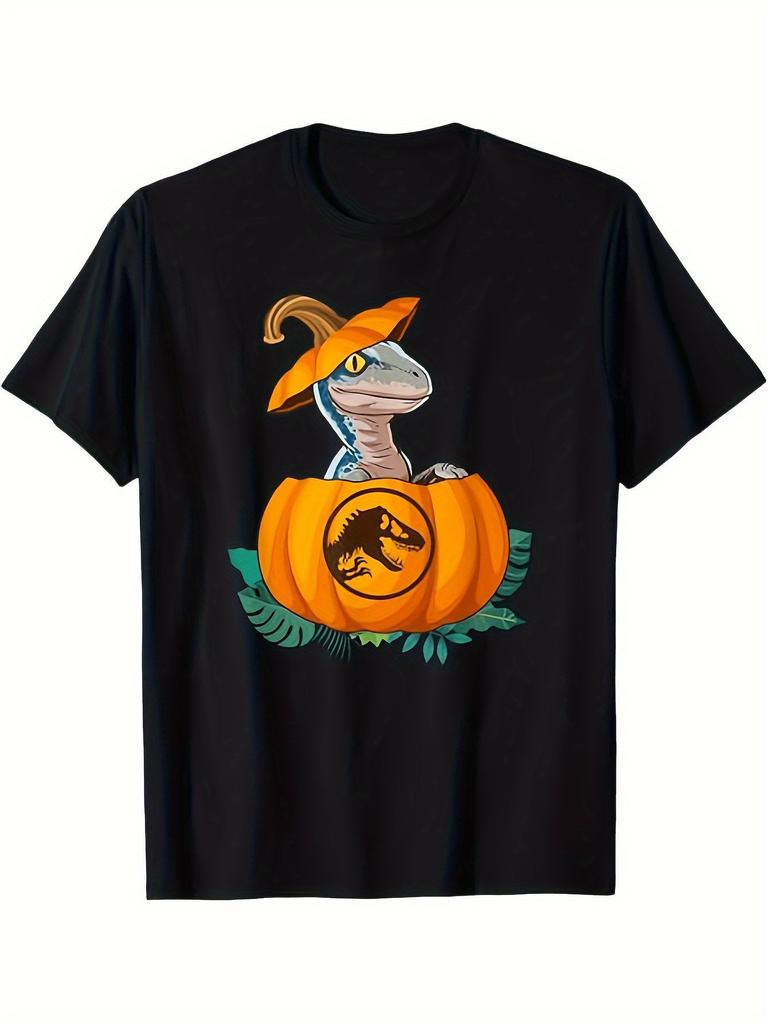 MenS Jurassic Dinosaur and Pumpkin Print TShirt Premium Cotton Classic Fit Perfect for Halloween