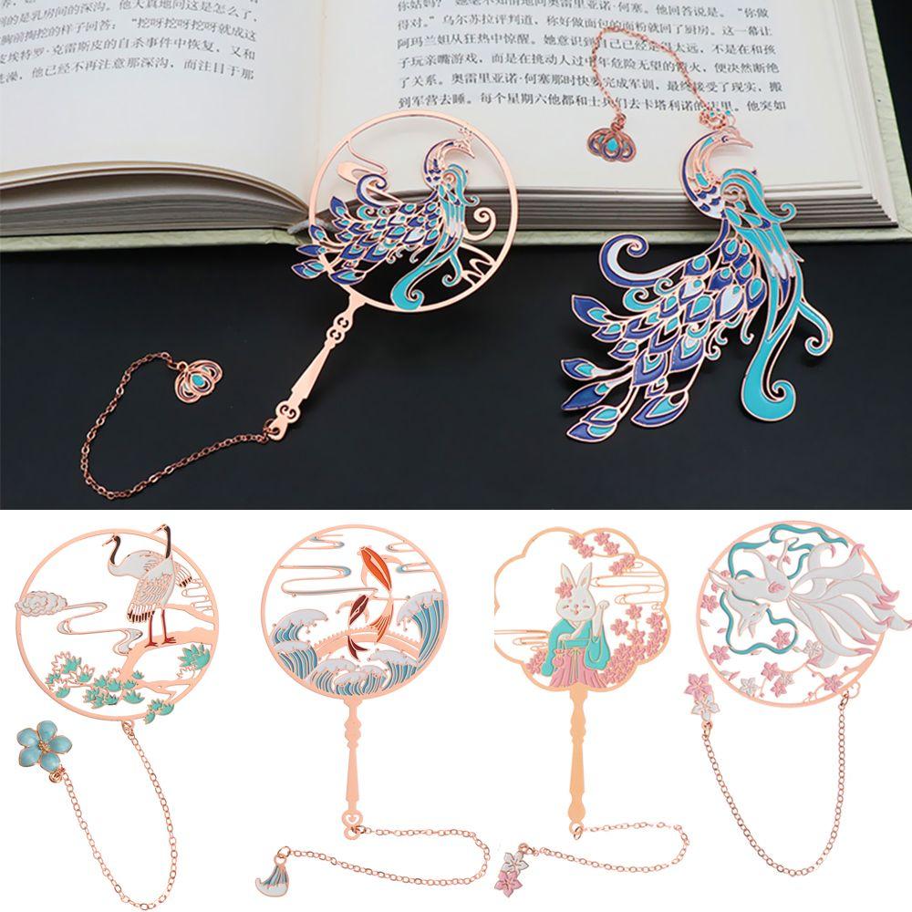 Chinese Style Pendant Koi Peacock Metal Brass Bookmark Group Fan Shape Book Clip Pagination Mark