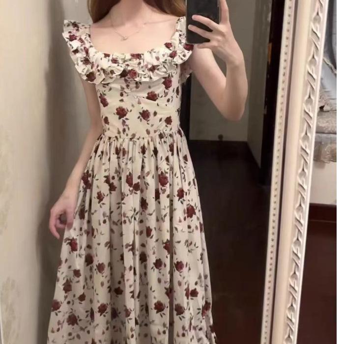 French High-end Feeling Flying Sleeves Floral Dress Women's Summer New Gentle Temperament Waist and Thin Long Dress