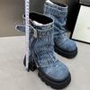 Damen Cowboystiefel Mittelhoch Reißverschluss Plateau Mittelhohe Absätze Designerschuhe Winter Neue Motorradstiefel 2024 Trend Mujer Zapatos