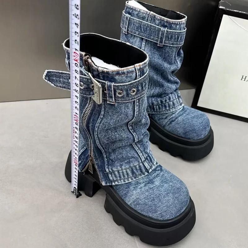 Damen Cowboystiefel Mittelhoch Reißverschluss Plateau Mittelhohe Absätze Designerschuhe Winter Neue Motorradstiefel 2024 Trend Mujer Zapatos