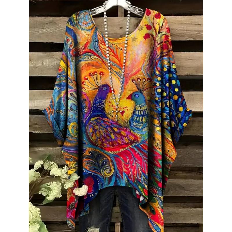 Sommer Damen T-Shirt Kolibri Pfau Aufdruck Rundhals Schwanz Bequem Kurzarm Oversized T-Shirt Unregelmäßiger Saum Oberteile