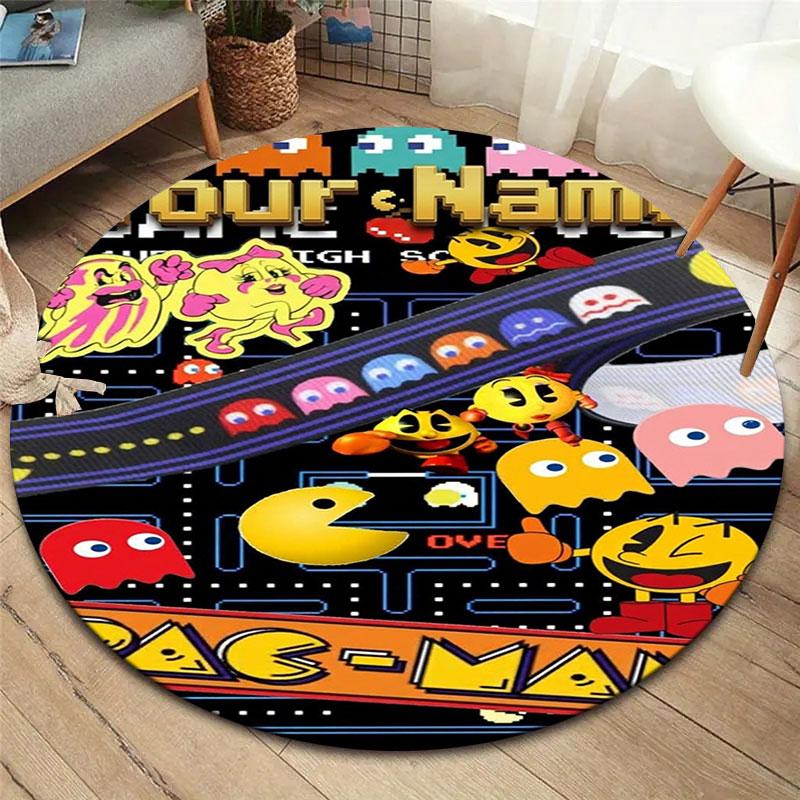 Pac-Man Custom Name Round Area Rug,Carpet Rug for Living Room Bedroom Sofa Playroom Decor,Non-slip Floor Mat
