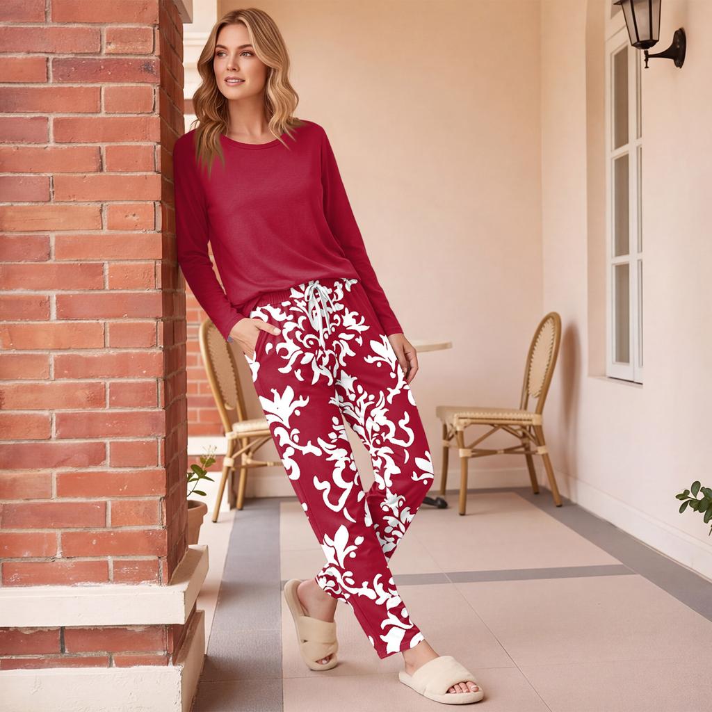 Set Pigiama Casual Stampato da Donna con Girocollo e Vestibilità Larga per Pigiama e Abbigliamento da Casa