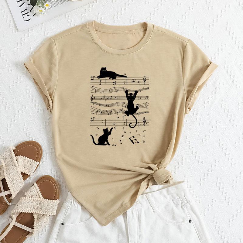 Summer Women's Sheet Music Print Loose Round Neck Casual Pure Cotton Short Sleeved T-shirts Women's