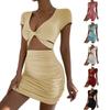 Women Fashion Summer Short Sleeve Sexy V-Neck Waistless Bag Hip Dress