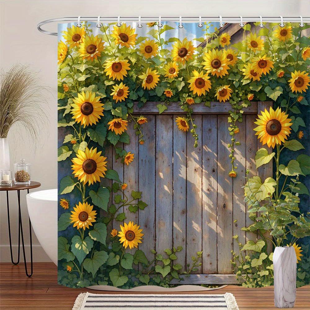 1pc Rustic Wooden Fence with Sunflowers Shower Curtain, Polyester, Fashion Theme, Vibrant Yellow Blooms & Lush Green Foliage
