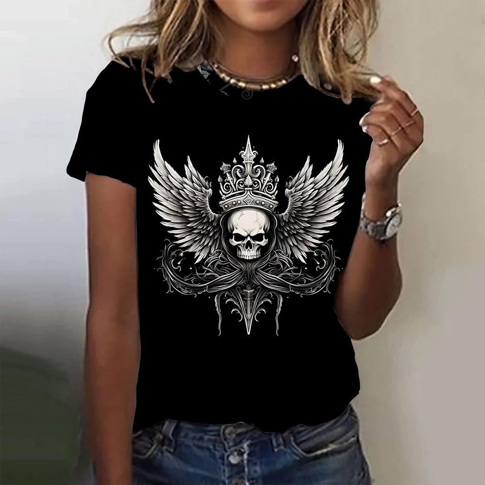 Mote Dame T-skjorter 3D Skaller Vinger Trykk Korte Ermer T-skjorter Sommer Hverdagstrend Dameklær Løse Topper Streetwear