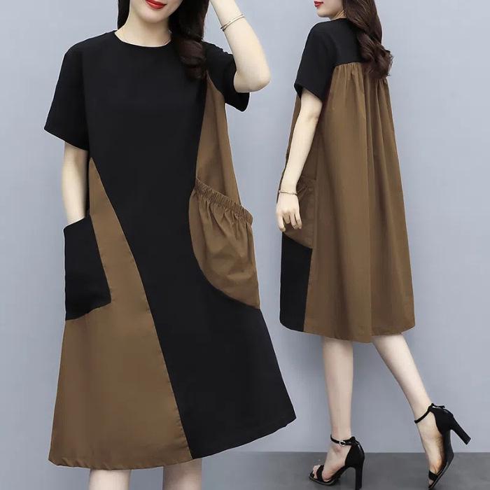 Summer Color-Block Short-Sleeve Dress, Korean Style, Plus Size, Loose Fit, Slimming with Pockets
