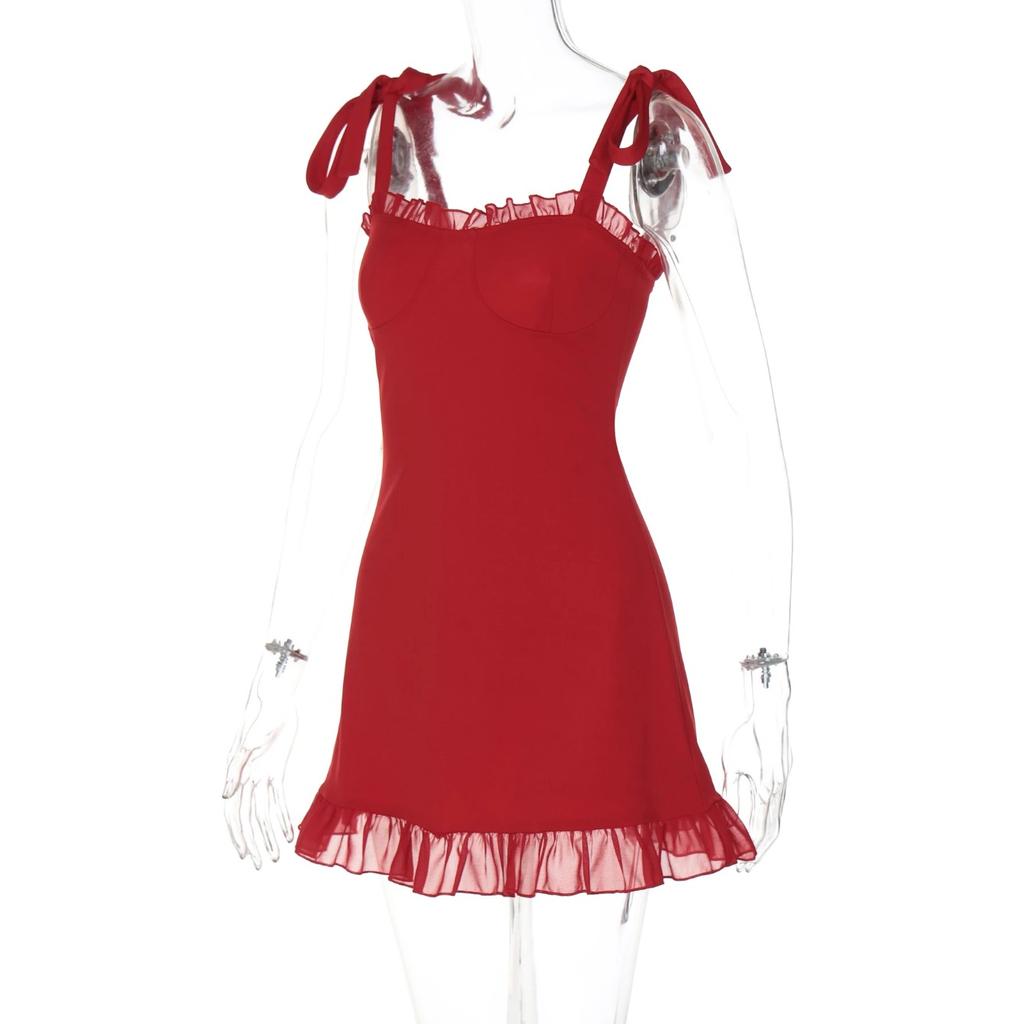 2025 Elegant Solid Slips Ruffles Backless Bandage Patchwork Sexy Slim Mini Dress Women Outfits Birthday Party Vacation