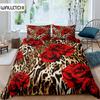 Leopard Print Duvet Cover Microfiber Red Rose Blossom Floral Bedding Set Brown Cheetah Safari Wildlife Animal King Bedding Set