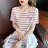 New Summer Round Neck Short-sleeved Women's T-shirt Embroidered Korean Loose and Versatile Age-reducing Striped Top