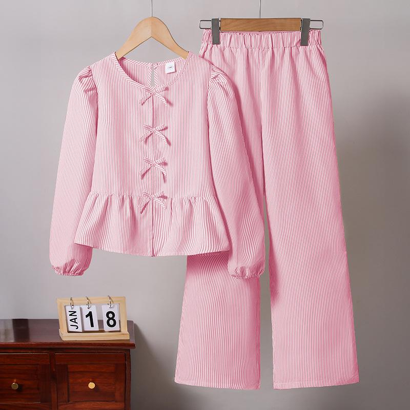 2026 Autumn Kids' Lace-up Bow Top & Long Pants Set