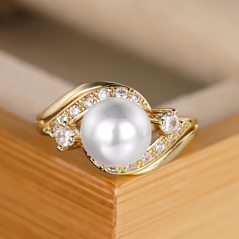 Anillos de Boda Dorados Huitan para Mujer con Perla de Imitación Temperamento Elegante Accesorios Femeninos Regalo Elegante Joyería Nueva de Moda