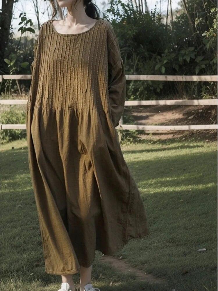 Johnature Women Vintage Dress O-Neck Long Sleeve Flod Spring Robes Solid Color A-Line Women Dresses