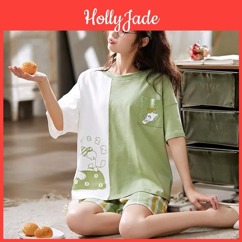 Ladies Nightgown Summer Cotton Short Sleeve Shorts Cartoon Oneck Pullover Loose Nightwear Loungewear 2 Piece Set Sleepwear