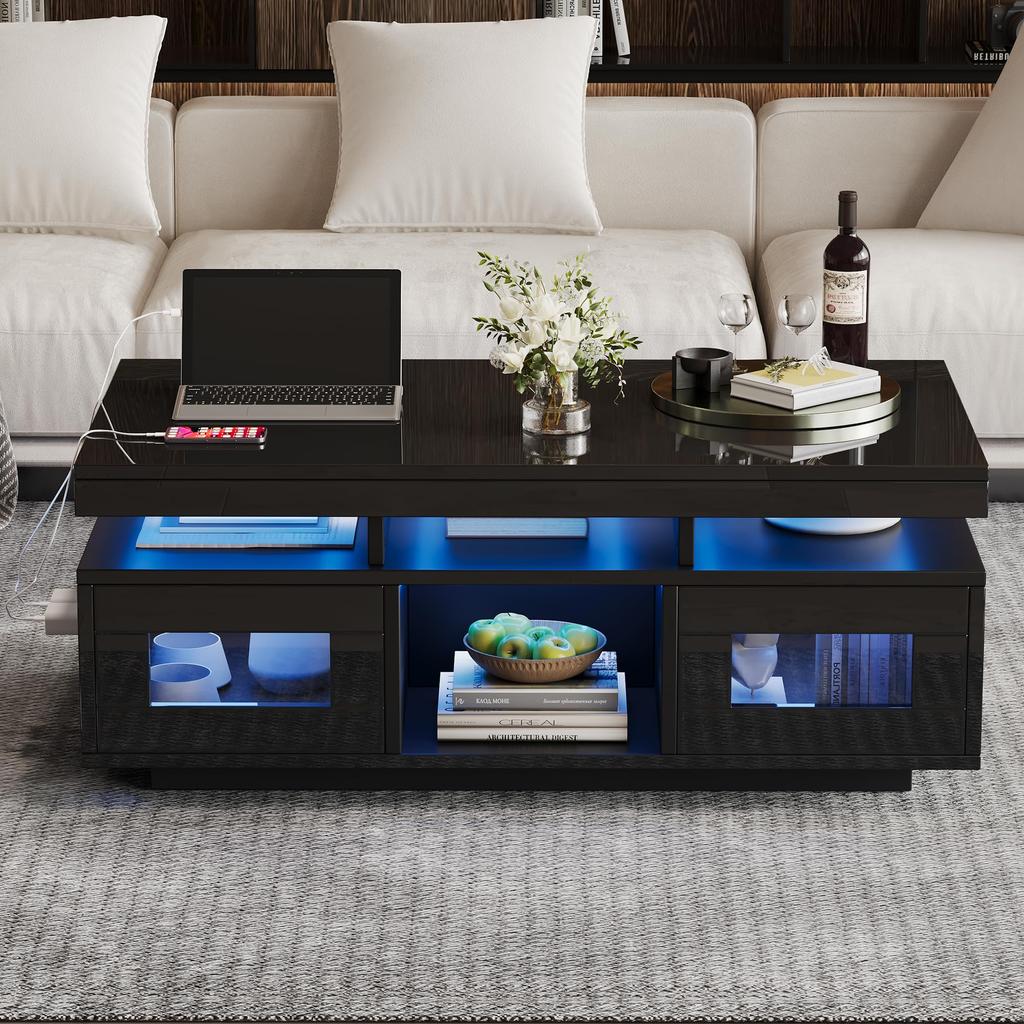 Couchtisch Schwarz, Hochglanz LED Beleuchtung, Kaffeetisch Schrank & Offene Staufächer, Sofatisch Rechteckiger Mitteltisch, 100×50×43cm