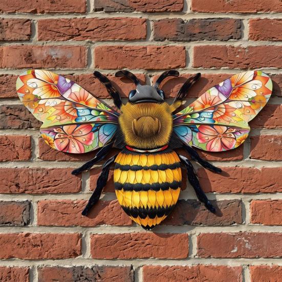 Metal Bee Wall Art Outdoor Large Bee Wall Hanging Sculpture with Floral Wings for Garden Patio Yard Lawn Fence Decor