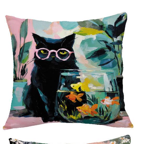 1/4 Stück 45x45cm Süße Schwarze Katze Goldfischglas Ölgemälde Stil Kissenbezüge Kissenbezug