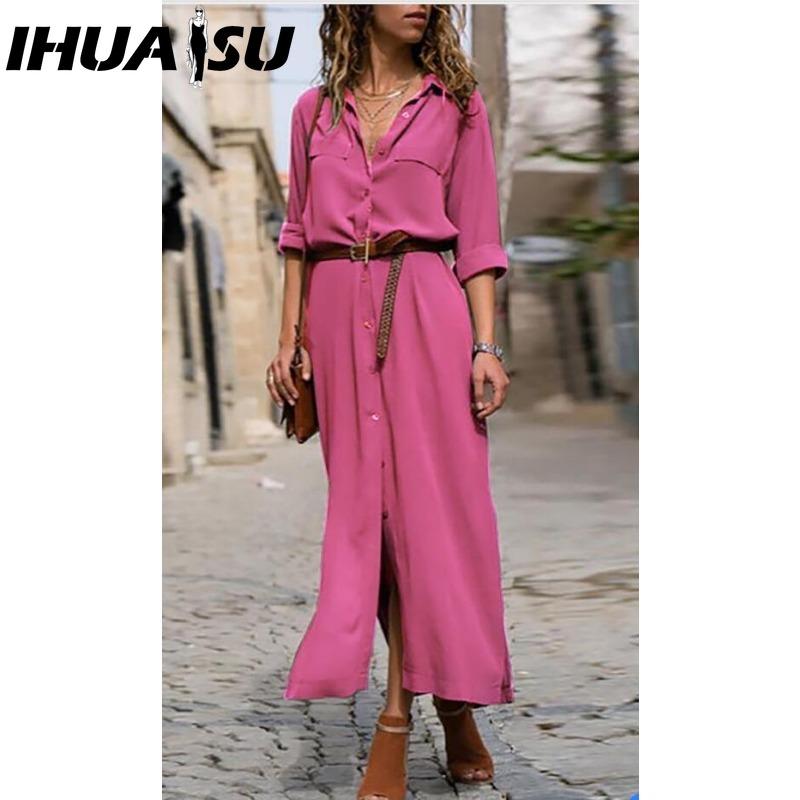 IHUASU Robe fendue à manches longues et col polo automne-hiver