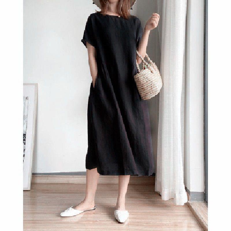 Luxurious Cotton Loose And Thin Dress For Women With Short Sleeves And Round Neck