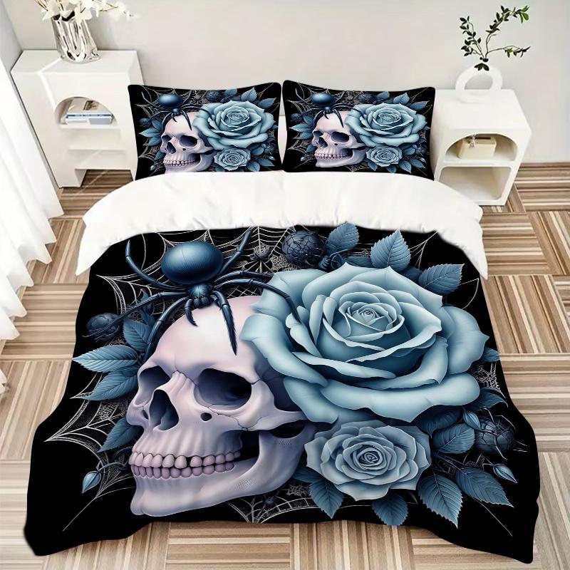 3-teiliges Blau-Rose und Spinne Bettwäsche-Set - Weiches & Bequemes Polyestergewebe, Ganzjahres-Atmungsaktives Bettdecken-Set Für 1 Bettbezug & 2 Kissen