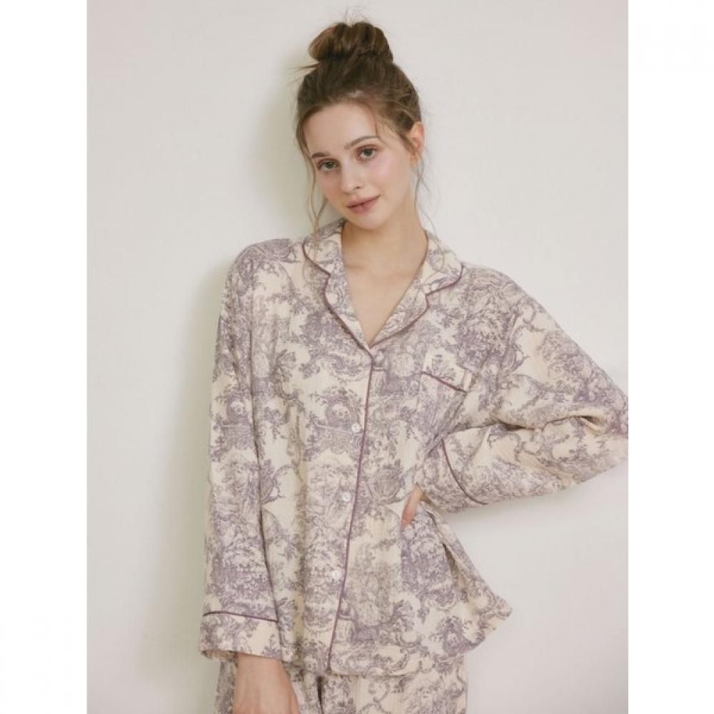 Lunaluz Women Amor Double Gauze Long Sleeve Collar Two Piece Pajama