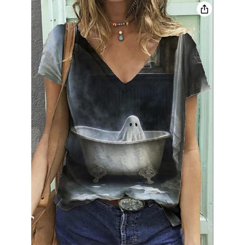 Αποκριάτικη Γάτα Φάντασμα 3D Print T-Shirts Γυναικεία Casual V-Λαιμός Κοντομάνικο T-Shirt Y2k Τοπ Harajuku Oversized T-Shirts Γυναικεία Ρούχα