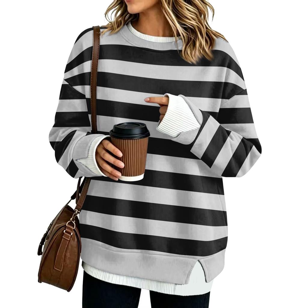 Women's Fashion Casual Striped Long Sleeve Sweatshirt Two-Piece Loose Fit Pullover Top