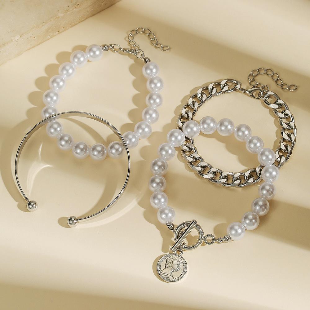 European and American Hand Jewelry Sweet and Cool Multi-portrait Imitation Pearl Bracelet Set Personalized NK Cuban Chain Jewelry Women