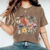 Pull-over d'été en pur coton lavé et vieilli à motif floral à col rond et manches courtes pour femme