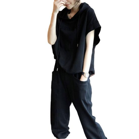 Set di pantaloni con cappuccio da 2 pezzi / set Set di pantaloni con cappuccio a maniche corte in tinta unita con coulisse Tasche in vita elastiche con cappuccio Sciolto alla caviglia Set di pantaloni casual da donna