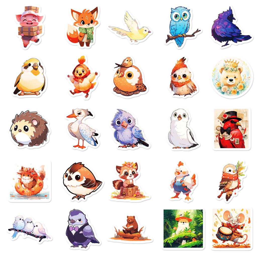 50 Autocollants Animaux Mignons de Dessin Animé Conte de Fées Ours Hibou Tigre Petit Animal Autocollant Plat Décoratif pour Gobelet à Eau