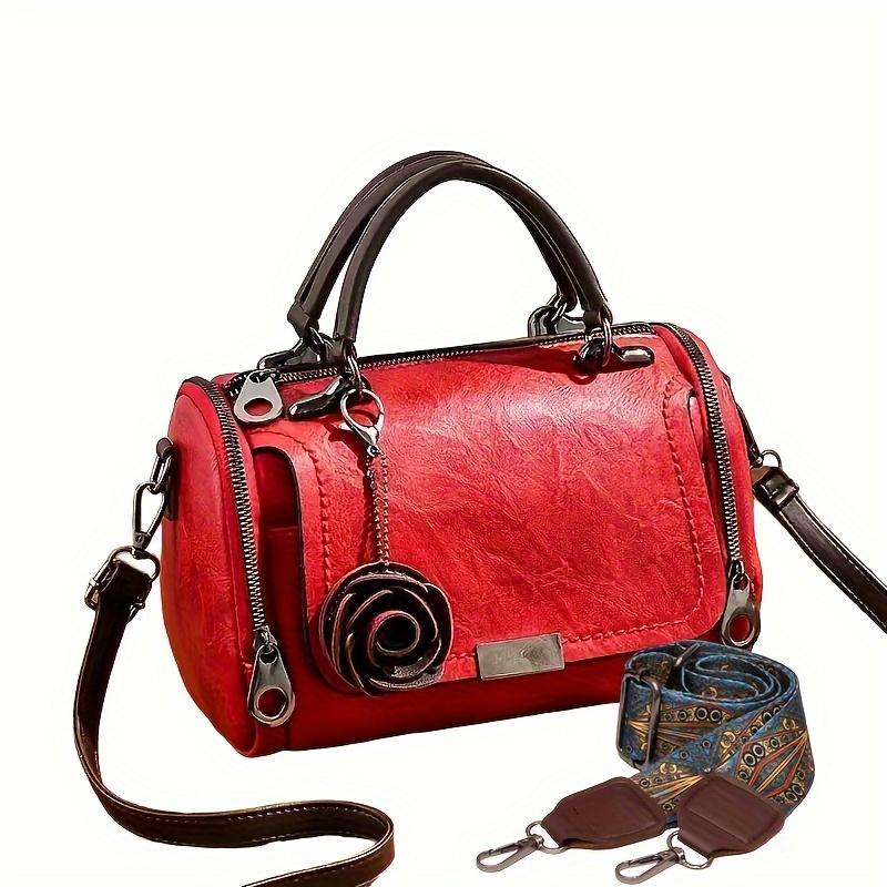 Women's Boston Handbag with Flower Pendant, Solid Color Zippered Satchel, Polyester Lined, Painted Edges, Messenger Bag for Occa