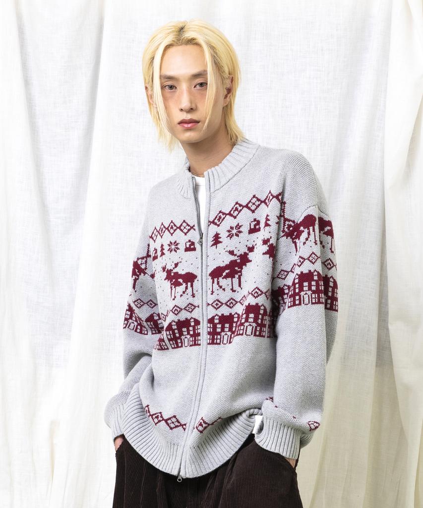 GLACK Gnt071 Kevin Nordic Pattern Knit Zip-Up (Gray)