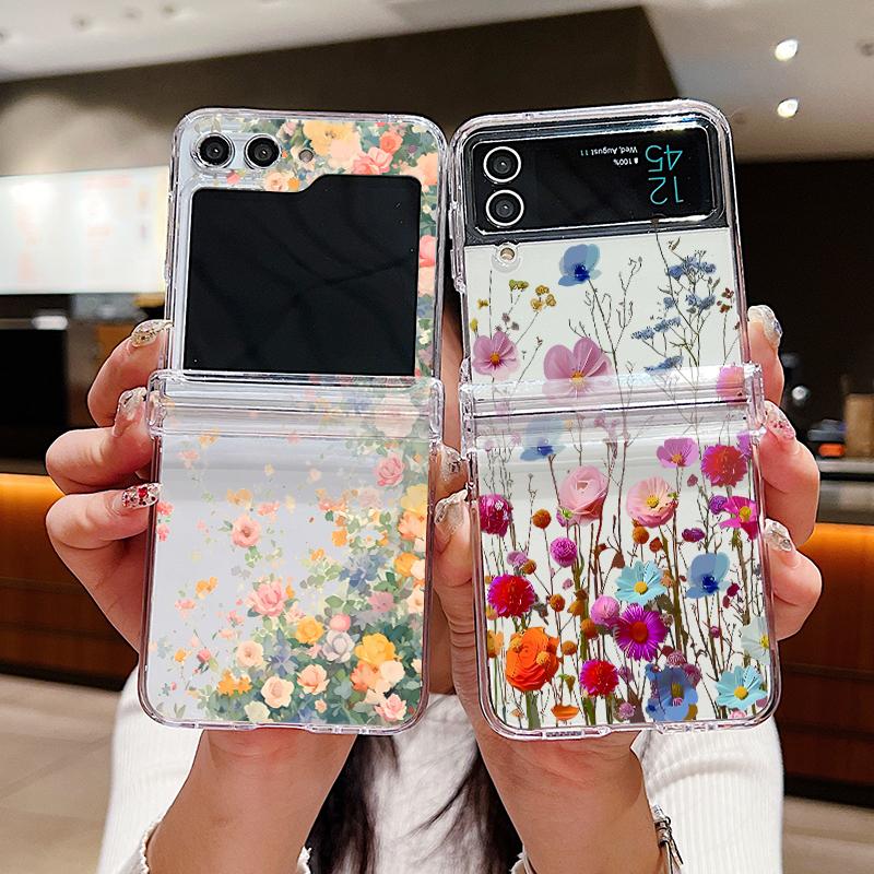 Capa de Celular Transparente com Estampa Floral Romântica Para Samsung Galaxy Z Flip5 Flip7 Flip6 5G Capa Dobrável de PC Para Samsung Z Flip 7 6 5 4 3